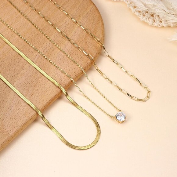 Gold Layered Necklace Set for Women Herringbone Paperclip Chain Pendant Jewelry - Picture 6 of 7